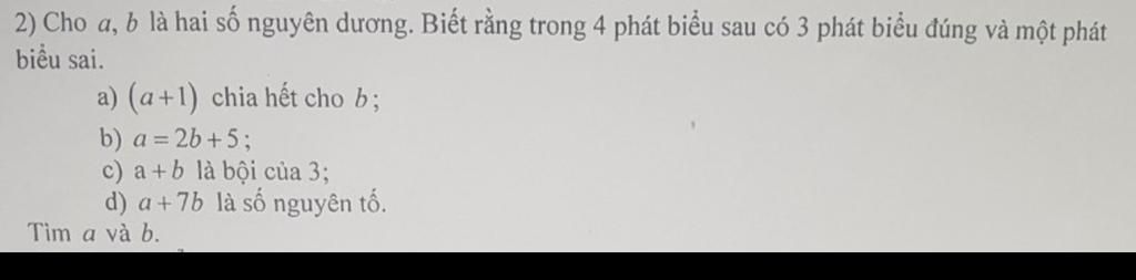2) Cho a, b là hai số nguyên dương. Biết rằng trong 4 phát biểu sau có ...