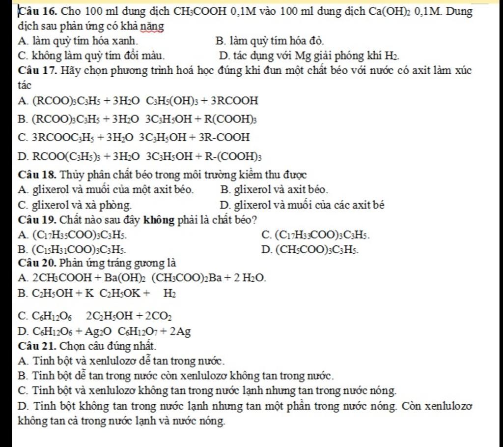  c u 16 cho 100 ml dung d ch ch3cooh 0 1m v o 100 ml dung d ch ca oh