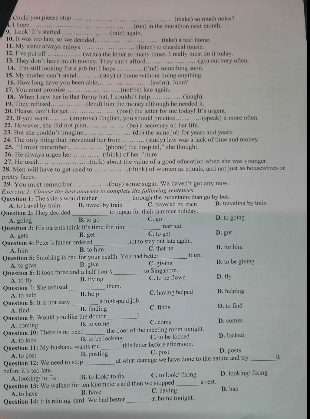 D? bai: Put the verbs in brackets ito the correct form: GERUND or ...