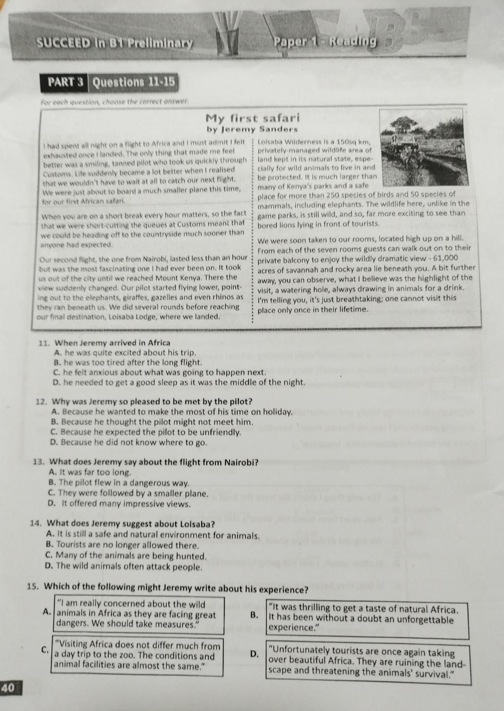 40 succeed in b1 preliminary part 3 questions 11 15 for each question