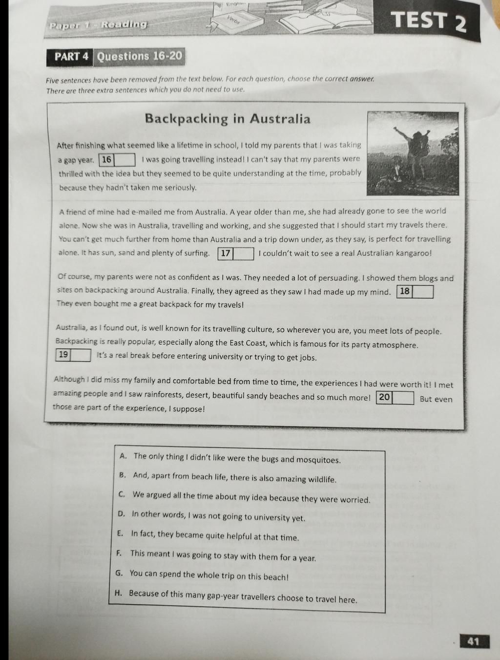 Paper 1 reading eng verbs test 2 part 4 questions 16 20 five sentences