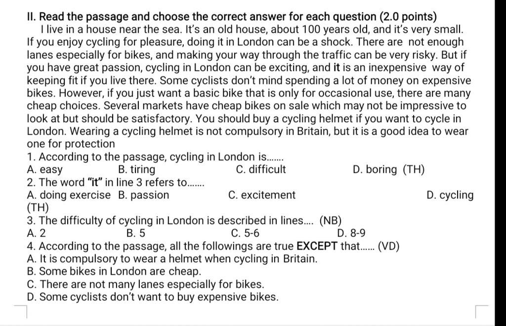 II. Read the passage and choose the correct answer for each question (2 ...