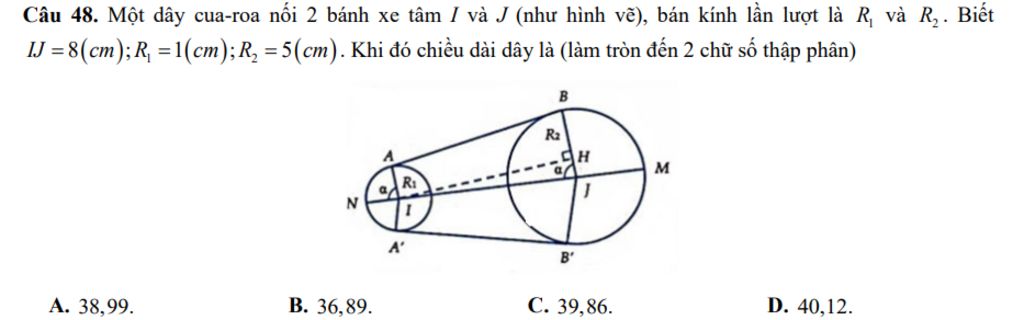 Câu 48. Một dây cua-roa nối 2 bánh xe tâm I và J (như hình vẽ), bán ...