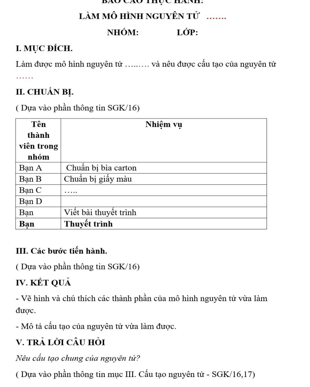 Viết báo cáo nguyên tử neon theo mẫu này nha LÀM MÔ HÌNH NGUYÊN TỬ NHÓM ...