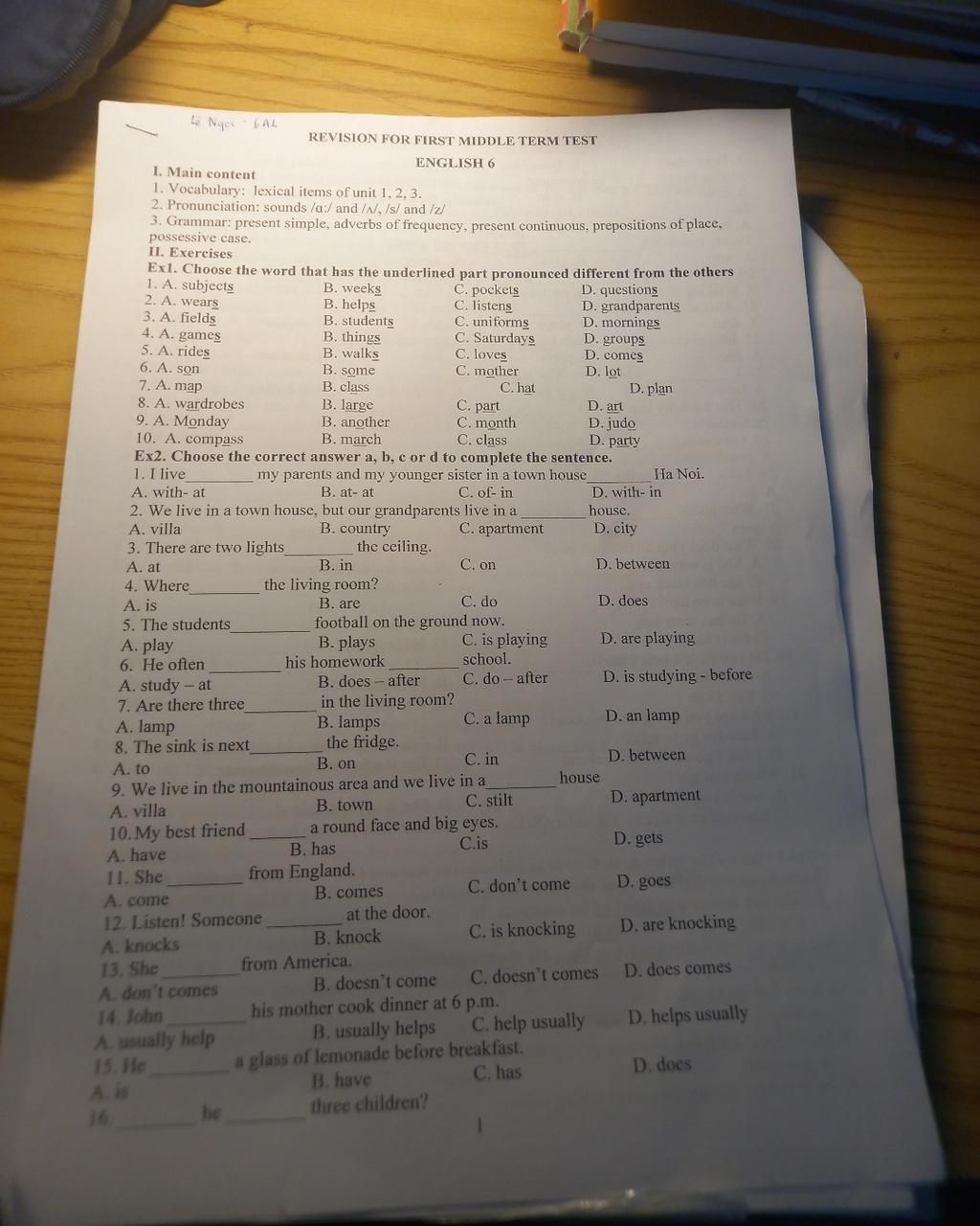 Le Nges GAL REVISION FOR FIRST MIDDLE TERM TEST ENGLISH 6 B. Weeks B ...