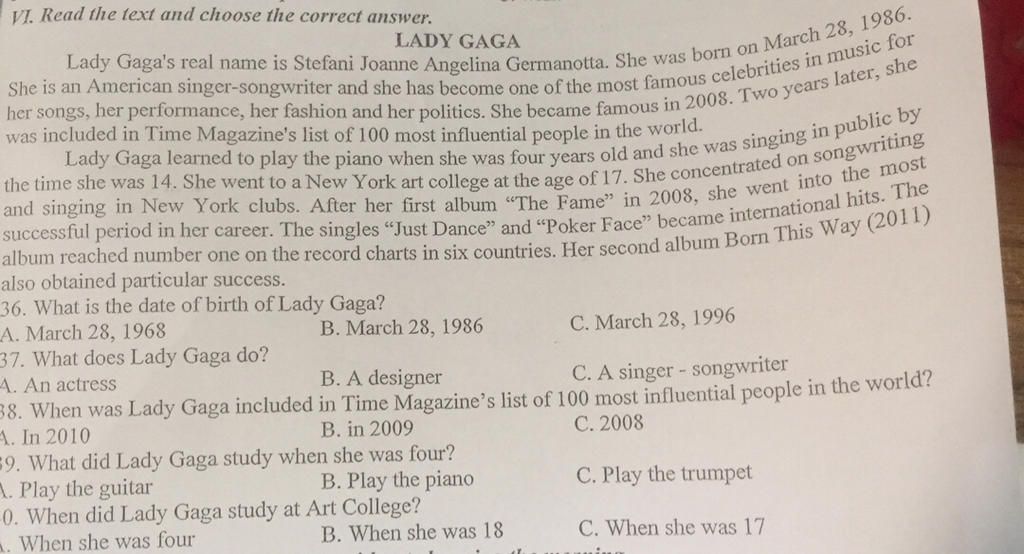 VI Read The Text And Choose The Correct Answer LADY GAGA She Is An Vi read the text and choose the correct answer lady gaga she is an
