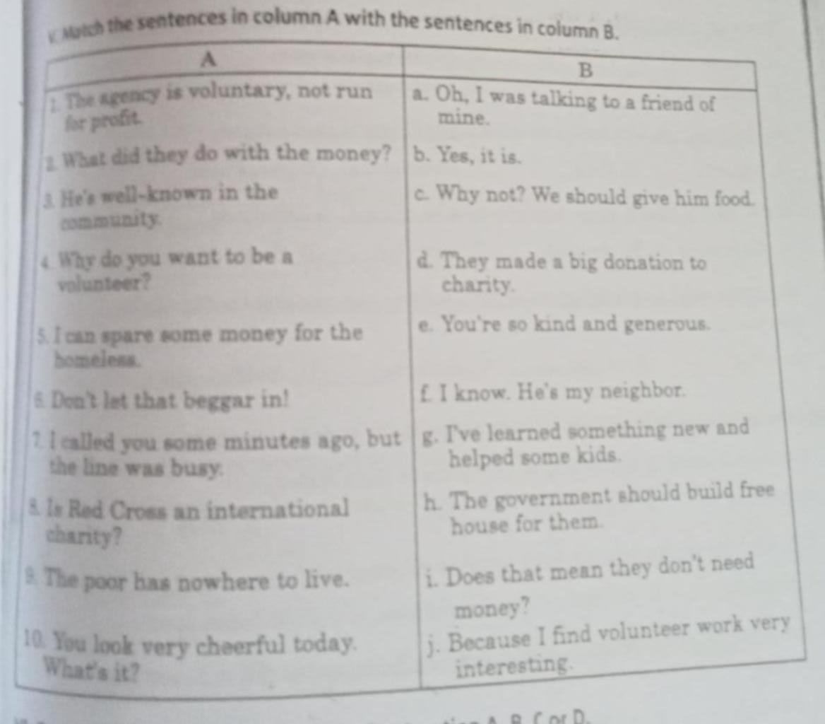 Column In A Sentence Match the sentences in column A with the sentences in column B. A The ...