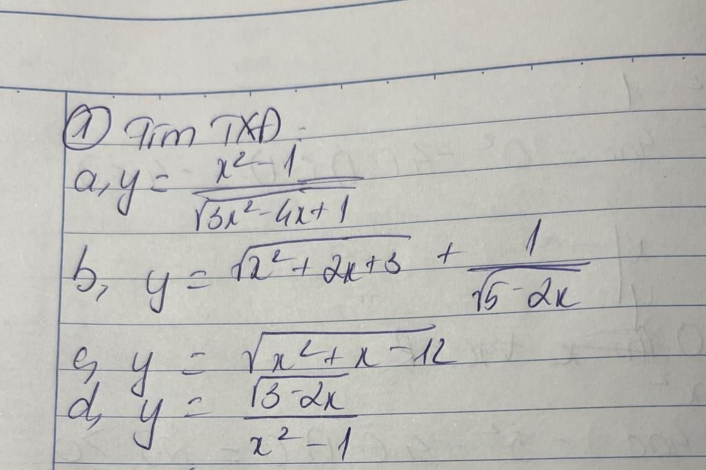@Tim TXA 22-1 ay= 1312-4x+1 1 1 b₂ y = √2² + 2x+3 + 15-21 Gy √x²+x-12 d ...