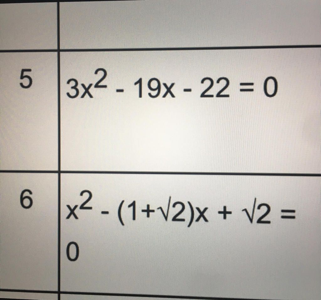 5 3x²-19x-22 = 0 6 x2 (1+√2)x + √2 = 0