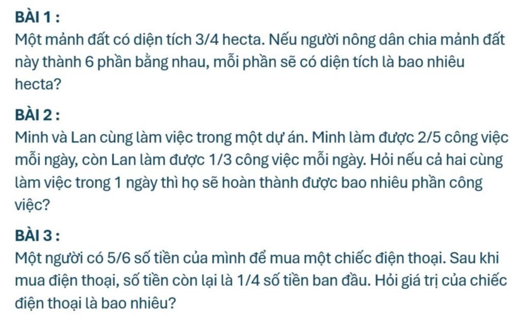 BÀI 1: Một mảnh đất có diện tích 3/4 hecta. Nếu người nông dân chia ...