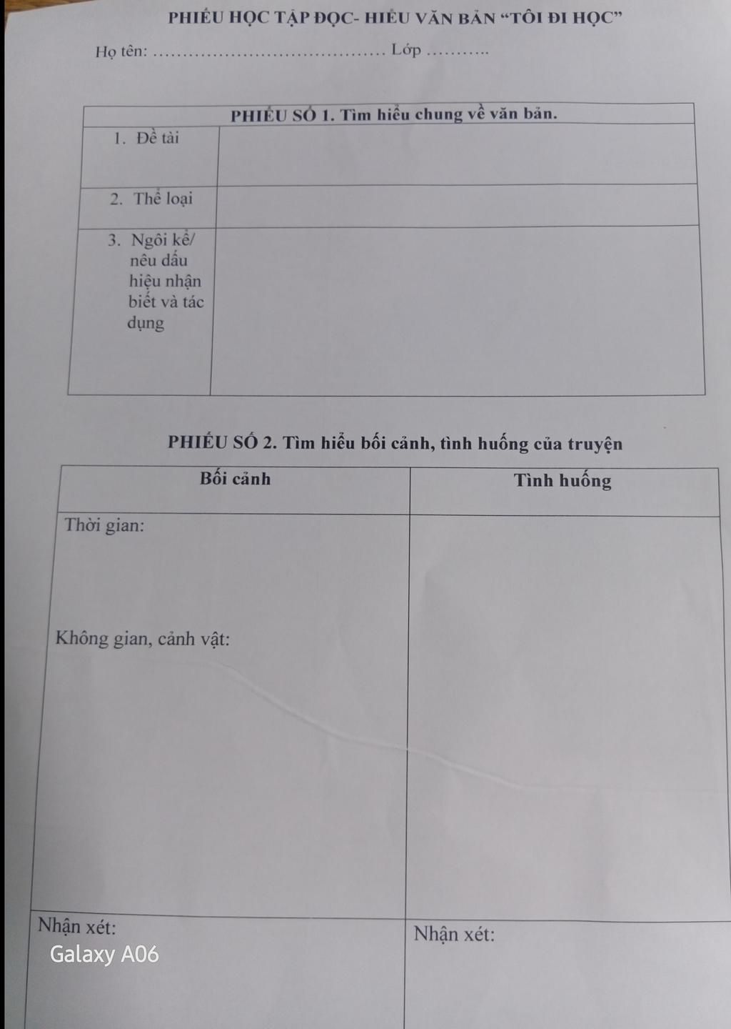 Họ tên: PHIẾU HỌC TẬP ĐỌC- HIỂU VĂN BẢN “TÔI ĐI HỌC” 1. Đề tài 2. Thể ...
