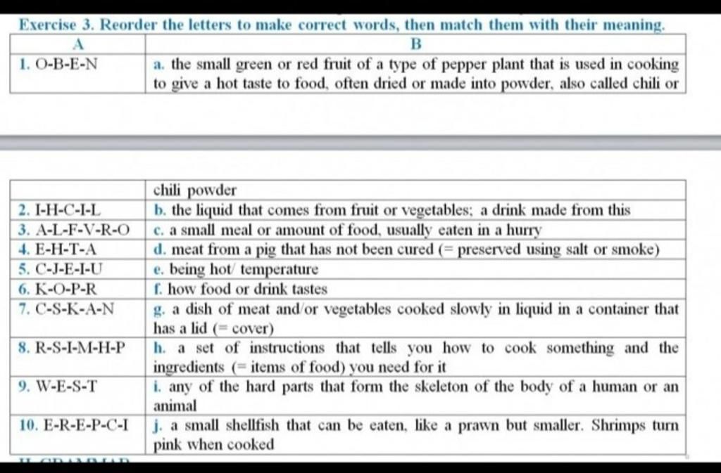 Exercise 3. Reorder the letters to make correct words, then match them ...