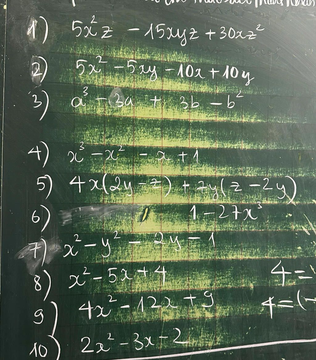 1) 5xz - 15xyz +30xz² (2) 3 4) 5x-5x-10x+ 5х2-5 гу -10х+10 ц 3 atiza ...