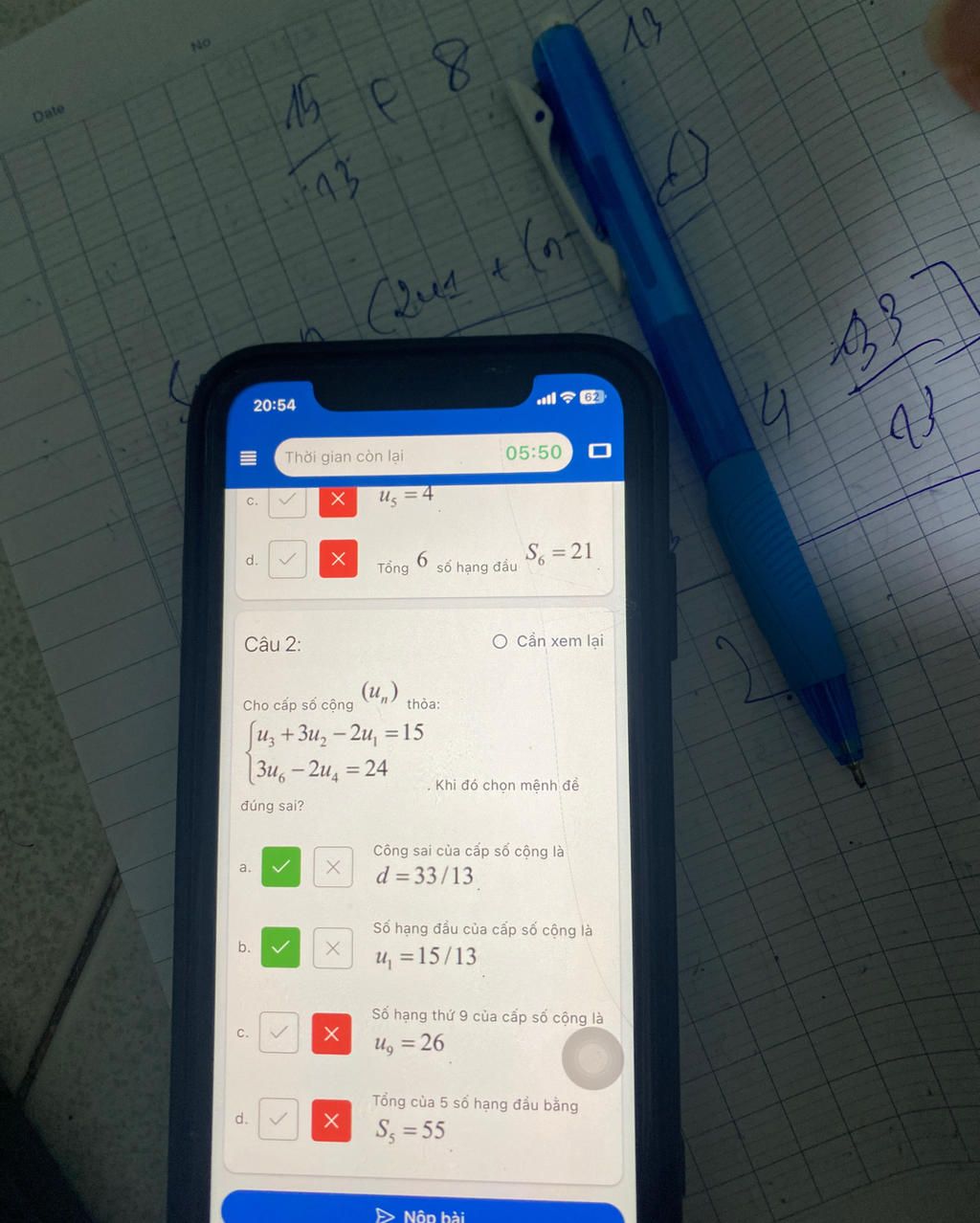 Date No 20:54 15 43 F8 Qus+ ( ll62 = Thời gian còn lại 05:50 ㅁ C. us=4 ...