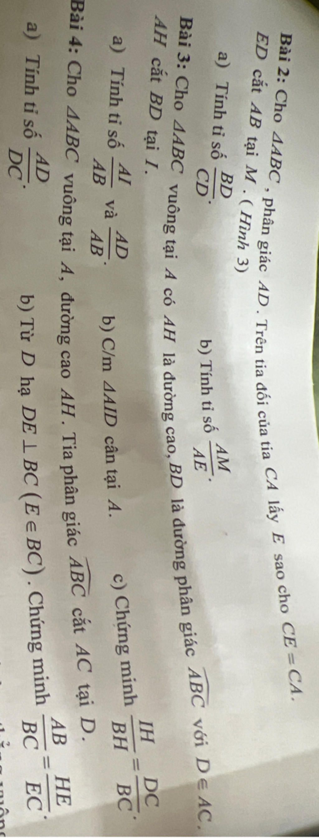 Bài 2: Cho AABC, phân giác AD. Trên tia đối của tia CA lấy E sao cho CE ...