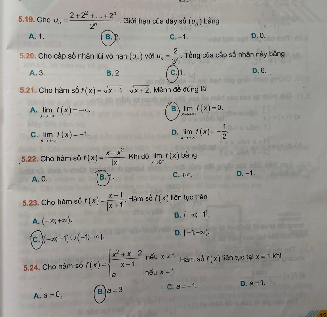 →+8 5.19. Cho Un 2+22+ +...+2n 2n A. 1. B. 2. Giới hạn của dãy số ( un )  bằng 5.20. Cho cấp số nhân lùi vô hạn (un) với Un A. 3. B. 2. C.-1. 2 = 3